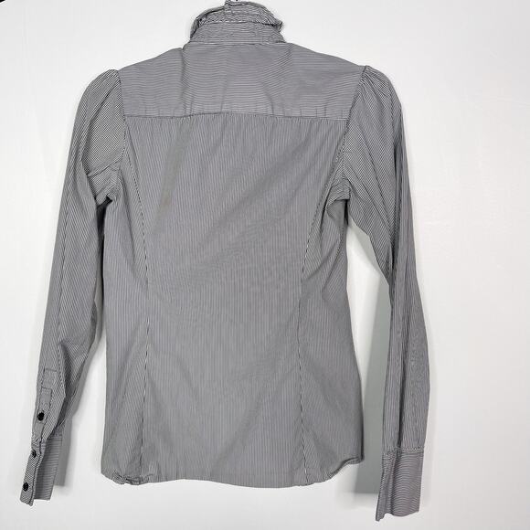 Reiss US 2 Black White Pinstripe Ruffle Mock Neck Long Sleeve Blouse Top Cotton - Picture 2 of 11